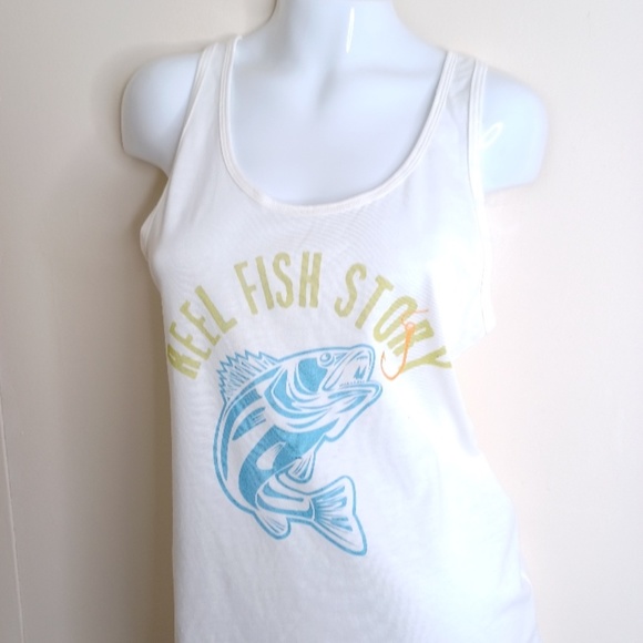 Women's Racerback Tank. Fun Fish Story Spin Humor. Size Medium - Picture 9 of 11